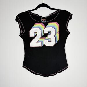 Big Flirt Y2K Rainbow "23" Babydoll Crop Tee Black Raw Edge Made in USA Large